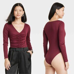 XL - Womens Long Sleeve Ruched Slim Fit Bodysuit - A New Day - Burgundy